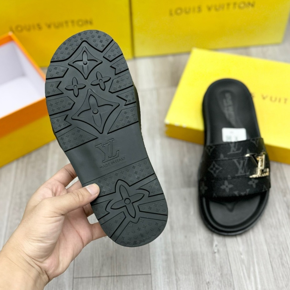 Dép lê nam quai ngang Eo Vì dệt quai da vân monogram thêu chữ đế khắc logo kim loại  cao cấp