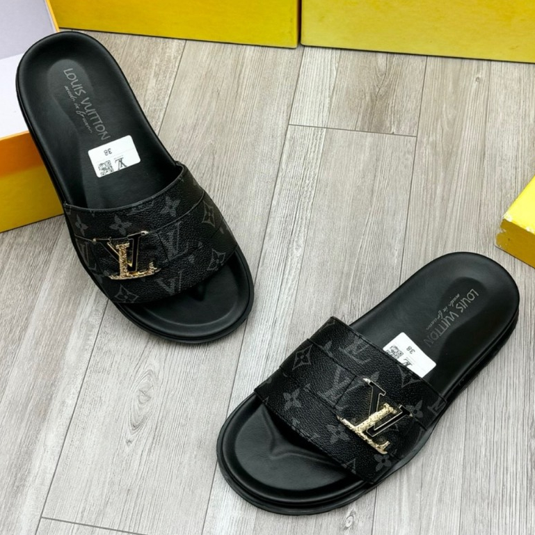 Dép lê nam quai ngang Eo Vì dệt quai da vân monogram thêu chữ đế khắc logo kim loại  cao cấp