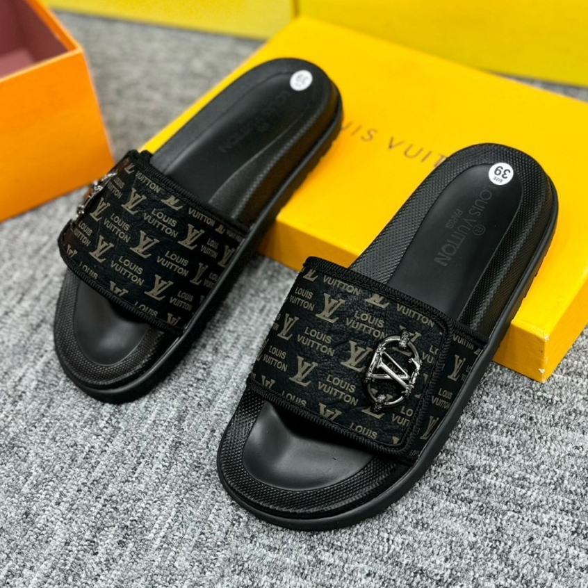 Dép lê nam nữ quai dán ngang Eo Vì dệt quai da vân monogram thêu chữ đế khắc logo kim loại cao cấp