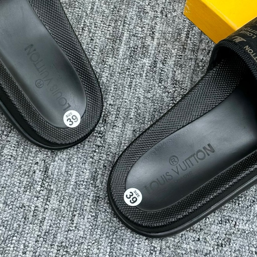 Dép lê nam nữ quai dán ngang Eo Vì dệt quai da vân monogram thêu chữ đế khắc logo kim loại cao cấp