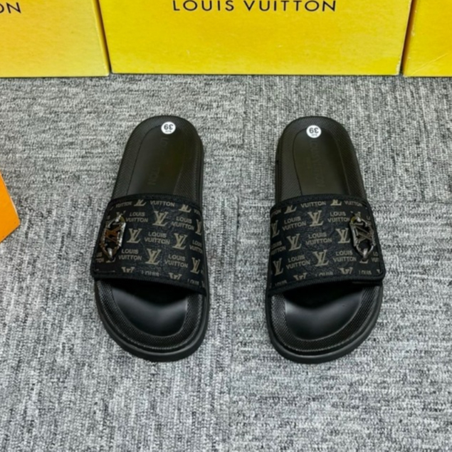 Dép lê nam nữ quai dán ngang Eo Vì dệt quai da vân monogram thêu chữ đế khắc logo kim loại cao cấp