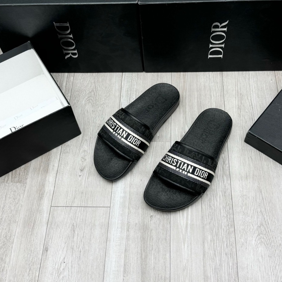 Dép quai ngang Dior Vải Canvas Thêu Họa Tiết phối Da đế cao su điêu khắc siêu Nhẹ,Dép thời trang nam nữ quai ngang