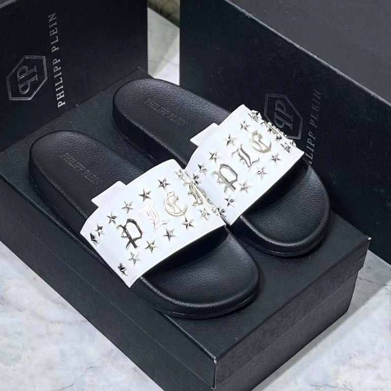 Dép nam Philip đính đá full box thời trang boy phố-Dép quai ngang nam logo phong cách cực chất