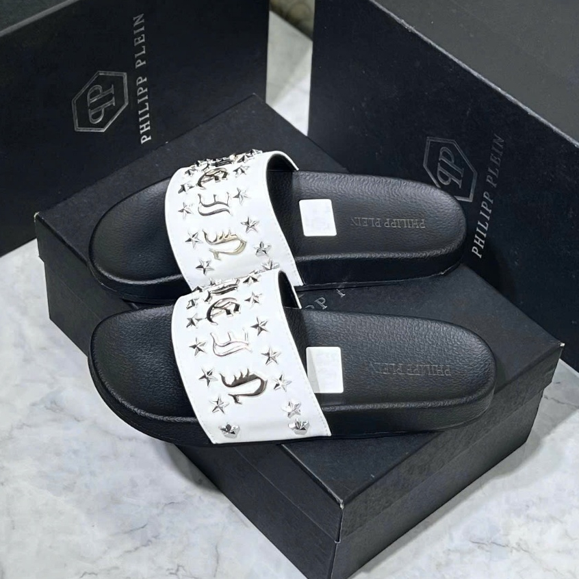 Dép nam Philip đính đá full box thời trang boy phố-Dép quai ngang nam logo phong cách cực chất
