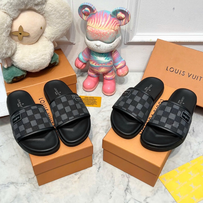 Dép da quai ngang LV cao cấp, dép xăng-đan thời trang sang trọng Full Box