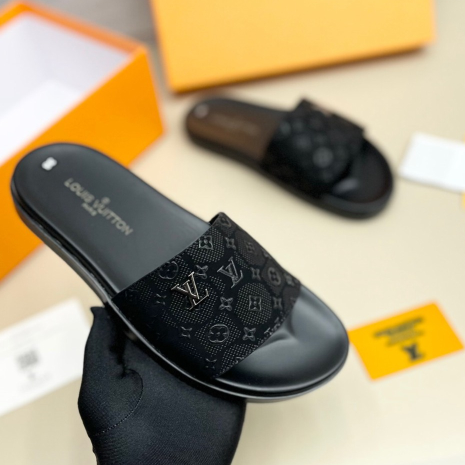 Dép lê Louis Vuitton quai ngang Nam Nữ eo vì phối hoa tiết nét- Dép LV Loại 1 FULL HỘP da bò