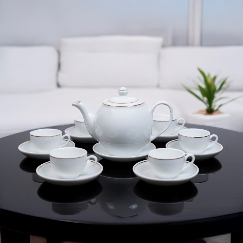 Bộ ấm chén sứ trắng viền vàng