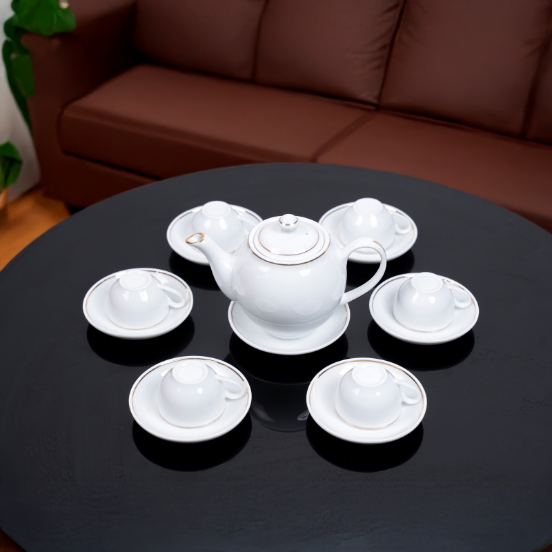 Bộ ấm chén sứ trắng viền vàng