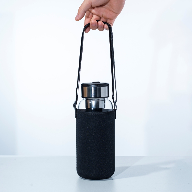 Bình thủy tinh 400ml cao cấp 2 lớp nắp inox có dây xách