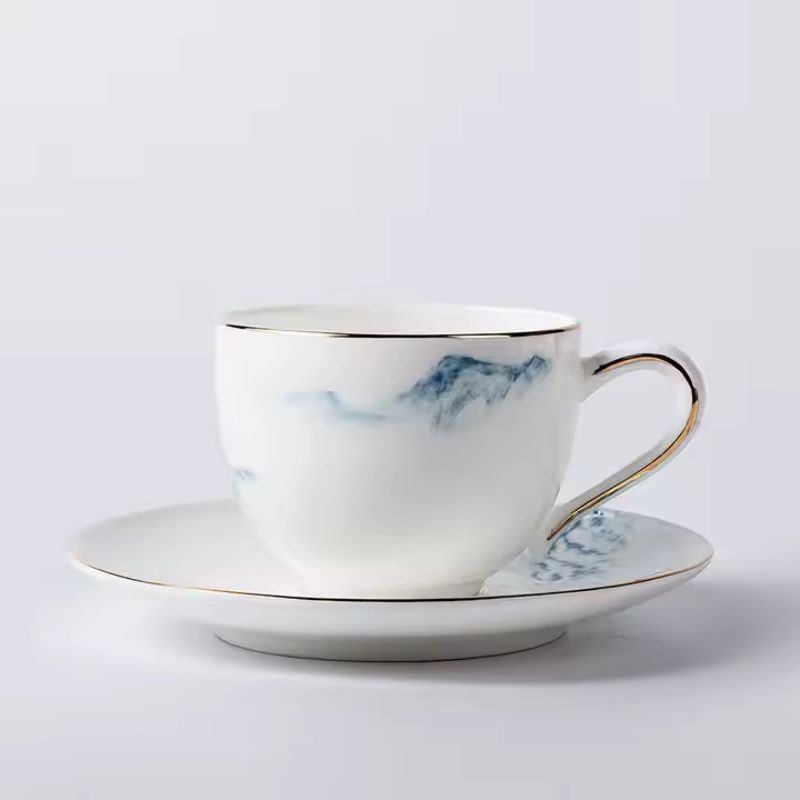 Bộ tách trà cà phê phong cách Anh sứ xương viền vàng Ruby