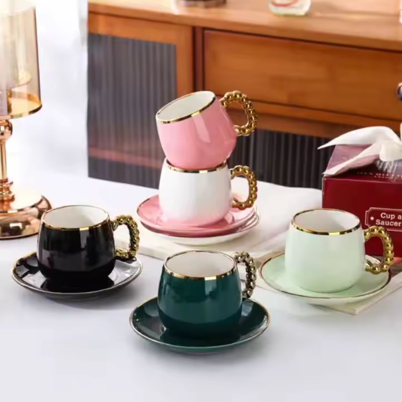 Bộ tách trà cà phê sứ trắng hạt vàng sang trọng Ruby