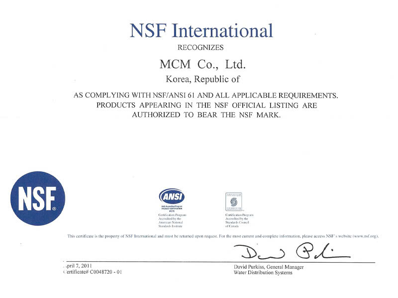 Chứng nhận NSF của các sản phẩm lọc nước ChungHo Nais