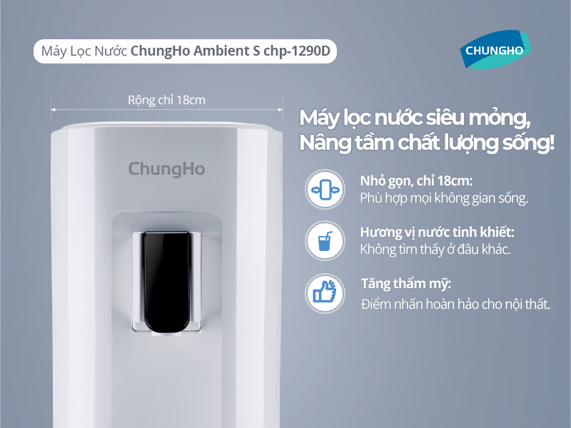 Máy lọc nước ChungHo Ambient S với thiết kế siêu mỏng chỉ 18cm, tiết kiệm không gian