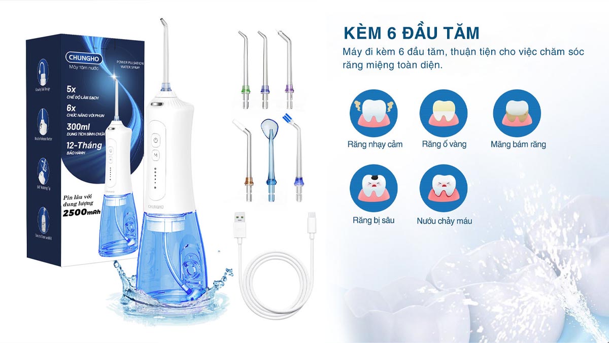 Máy tăm nước ChungHo HF-12: Thiết kế cầm tay, 5 mức áp lực, 6 đầu tăm, chống nước IPX7