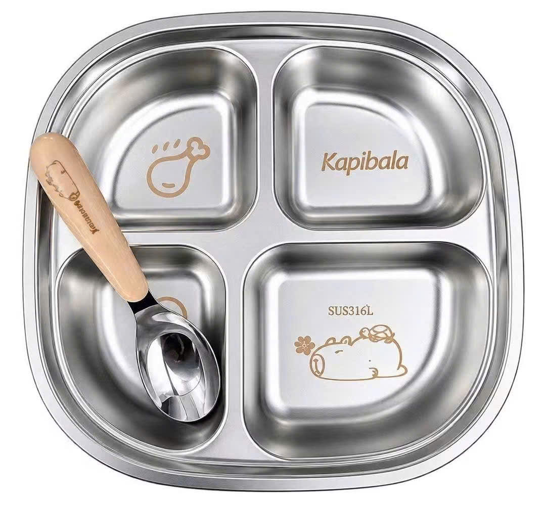 KHAY ĂN DẶM INOX 4 NGĂN – TẶNG KÈM THÌA CHO BÉ YÊU 😻