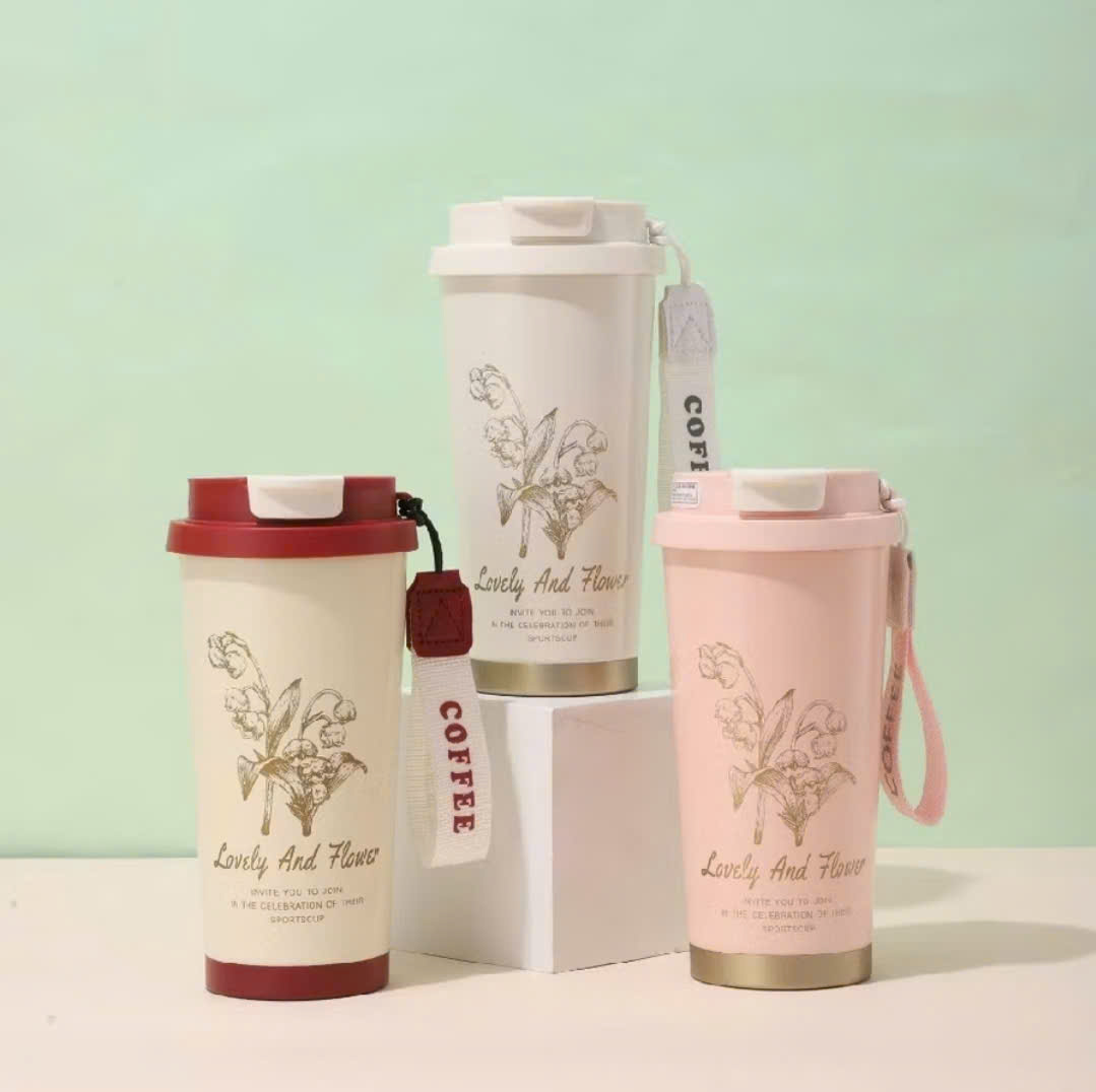 Ly Giữ Nhiệt Hoa Lyly 500ml Có Dây Cầm