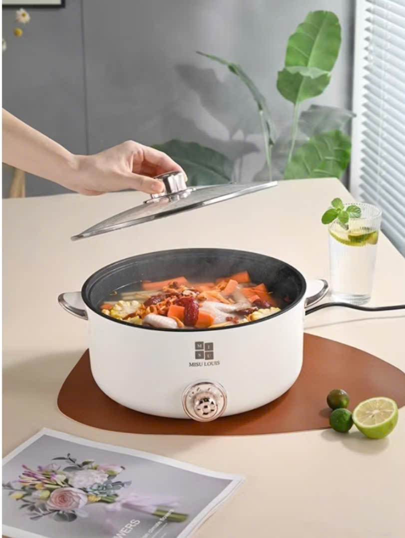 NỒI LẨU ĐIỆN MITSU 28CM KÈM XỬNG HẤP INOX