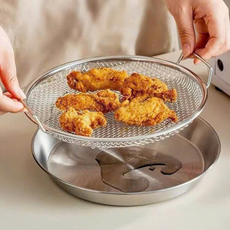 KHAY INOX KÈM VỈ LƯỚI size 22cm loại có tay cầm