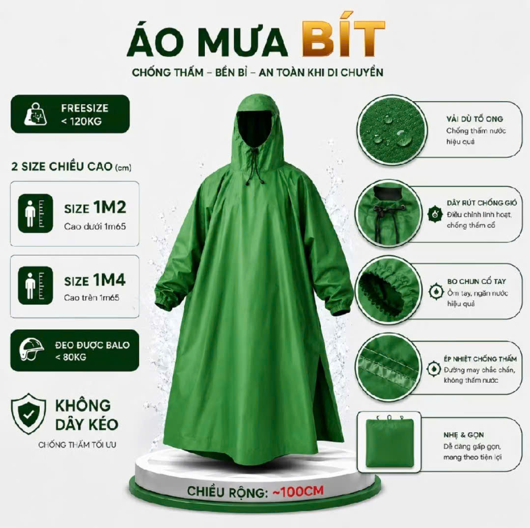 ÁO MƯA BÍT KÍN NGƯỜI CHẤT VẢI DÙ TỔ ONG MỀM NHẸ