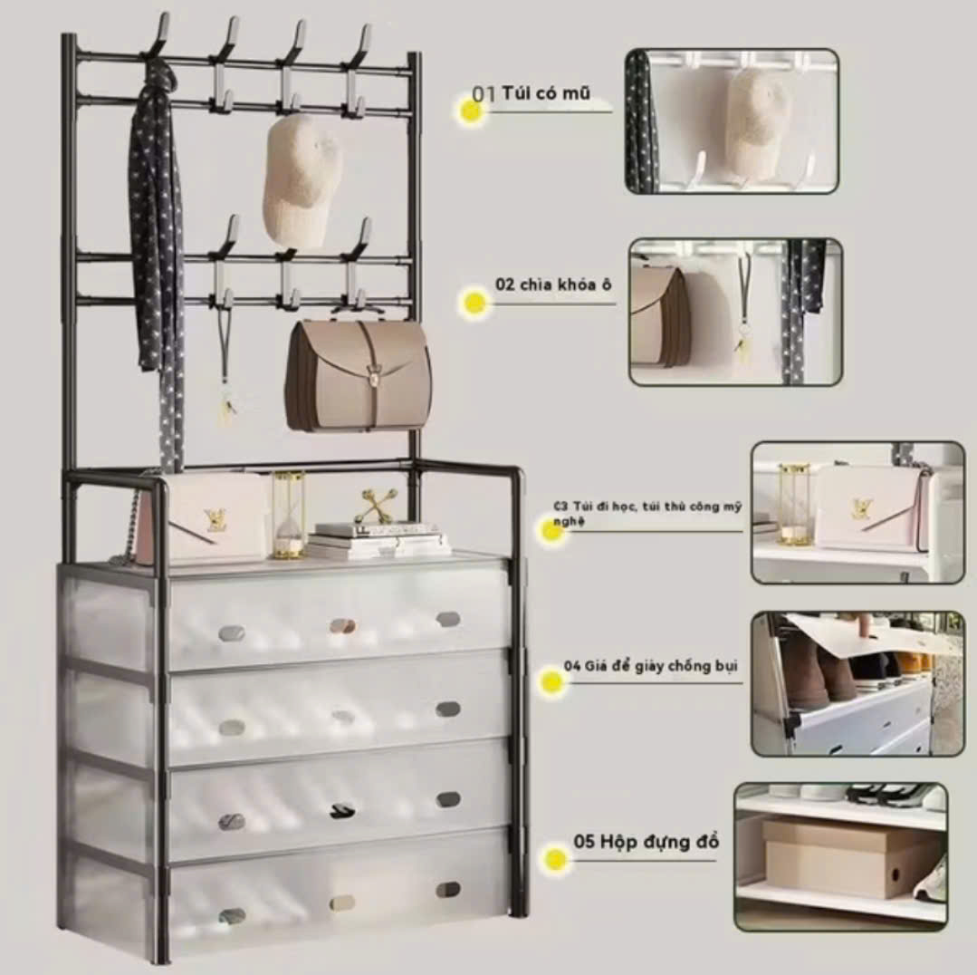 Kệ 5 Tầng chữ H Để Giày Dép Có Màng Chắn Bụi, Kệ Giày Dép 5 Tầng Khung Thép, Kèm 8 Móc Treo Đồ