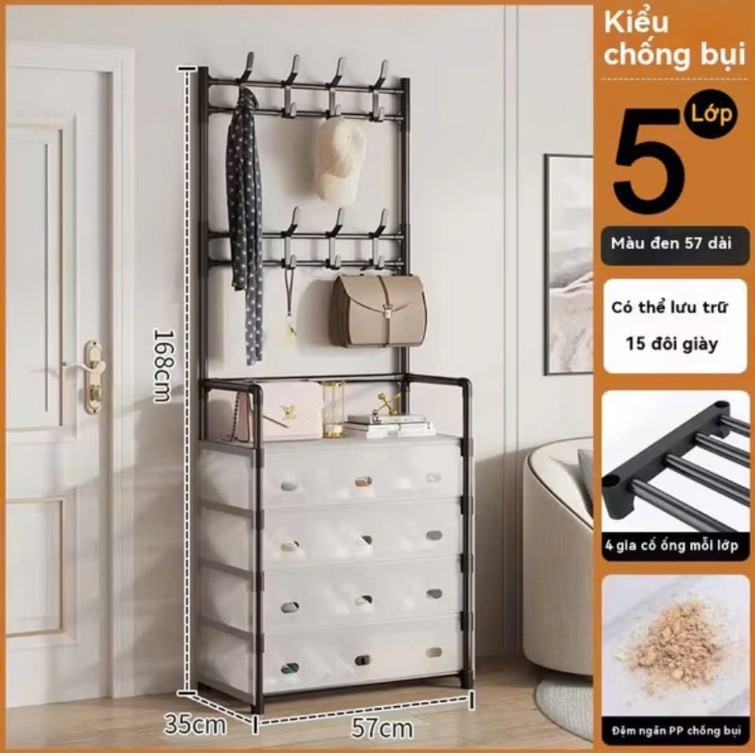 Kệ 5 Tầng chữ H Để Giày Dép Có Màng Chắn Bụi, Kệ Giày Dép 5 Tầng Khung Thép, Kèm 8 Móc Treo Đồ