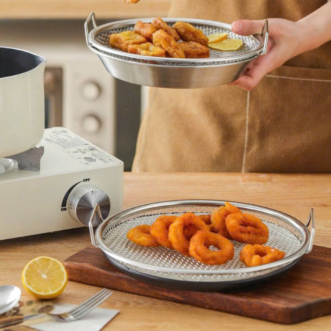 KHAY INOX KÈM VỈ LƯỚI size 22cm loại có tay cầm