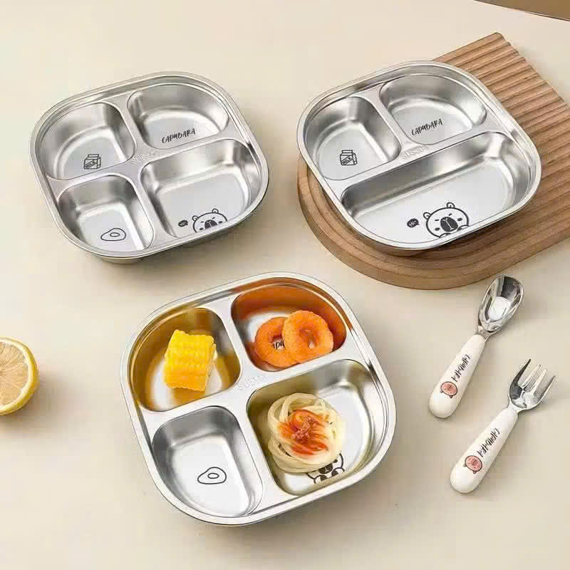 KHAY ĂN DẶM INOX 4 NGĂN – TẶNG KÈM THÌA CHO BÉ YÊU 😻