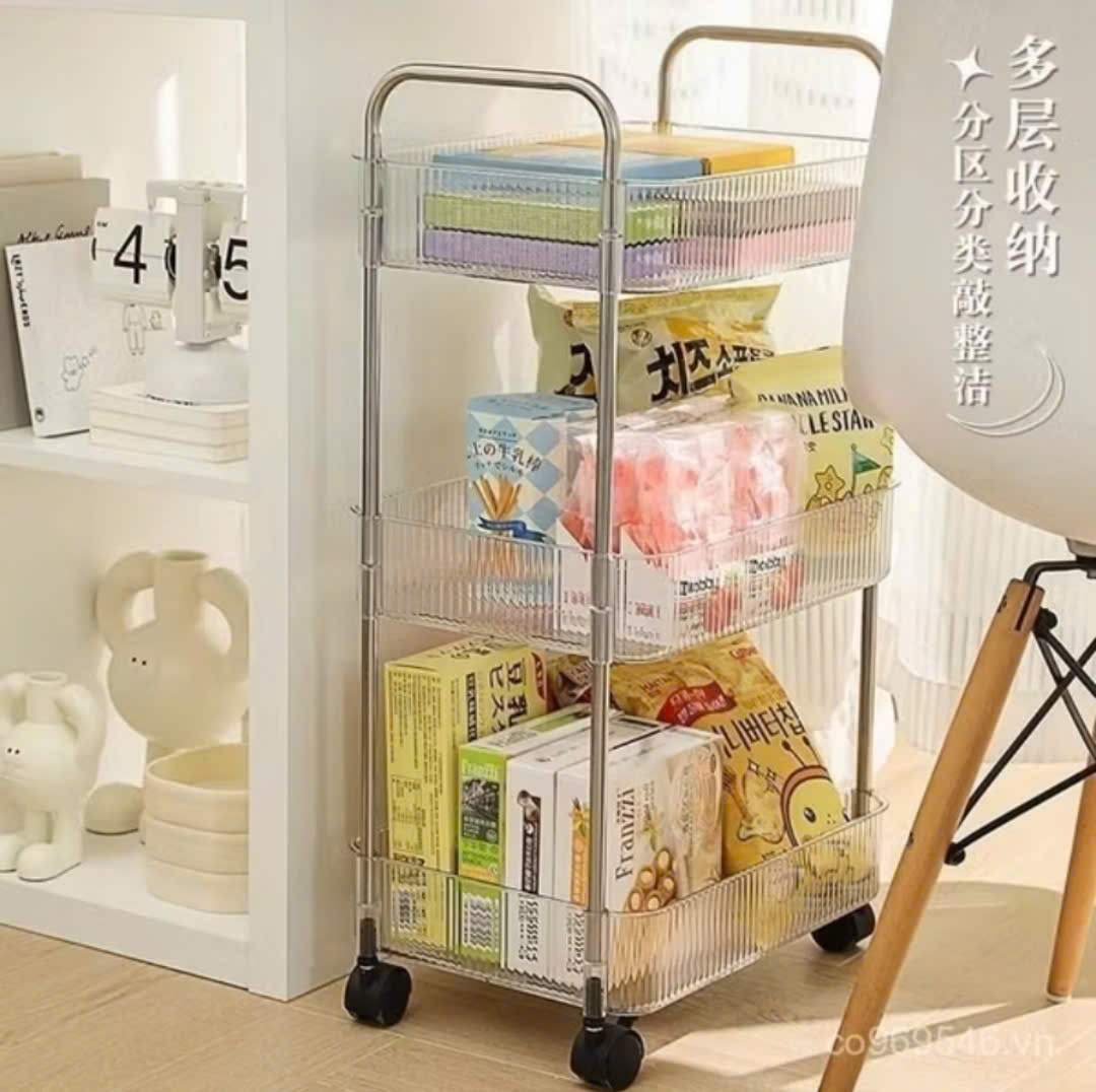 KỆ NHỰA 3 TẦNG TRONG SUỐT CÓ BÁNH XE
