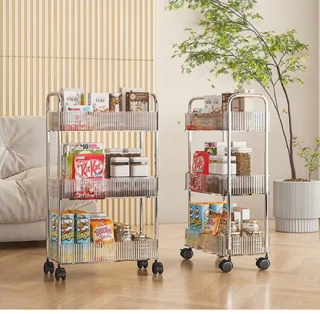 KỆ NHỰA 3 TẦNG TRONG SUỐT CÓ BÁNH XE