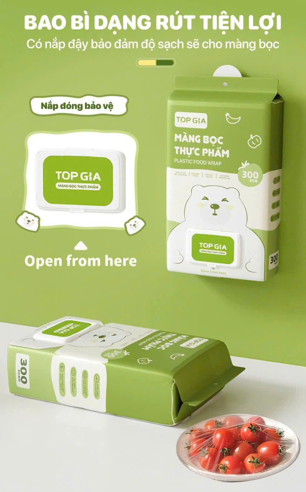 Màng bọc thực phẩm TOPGIA 300 tờ dạng treo siêu tiện lợi