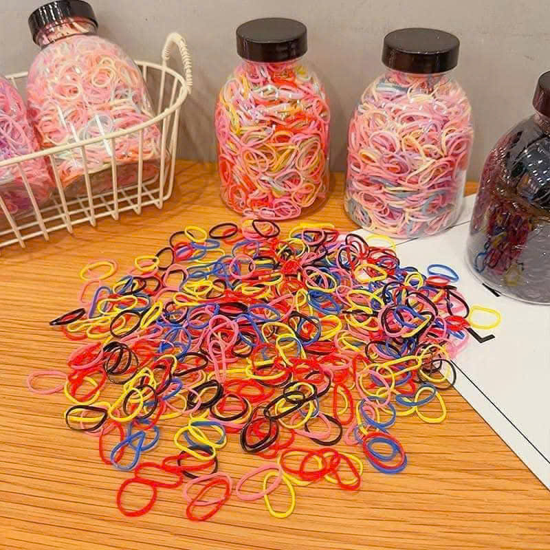 Set 1000 thun cột tóc co giãn nhiều màu kèm bình đựng
