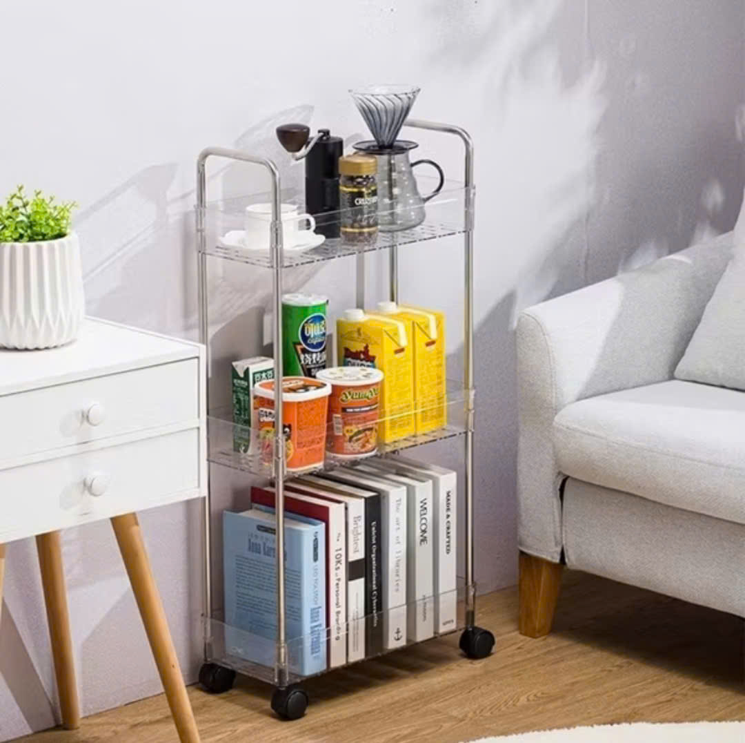 KỆ NHỰA 3 TẦNG TRONG SUỐT CÓ BÁNH XE