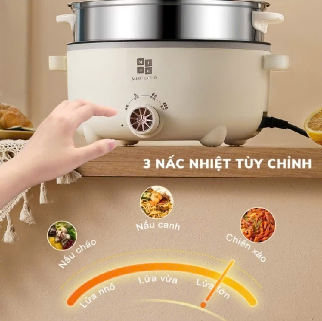 NỒI LẨU ĐIỆN MITSU 28CM KÈM XỬNG HẤP INOX