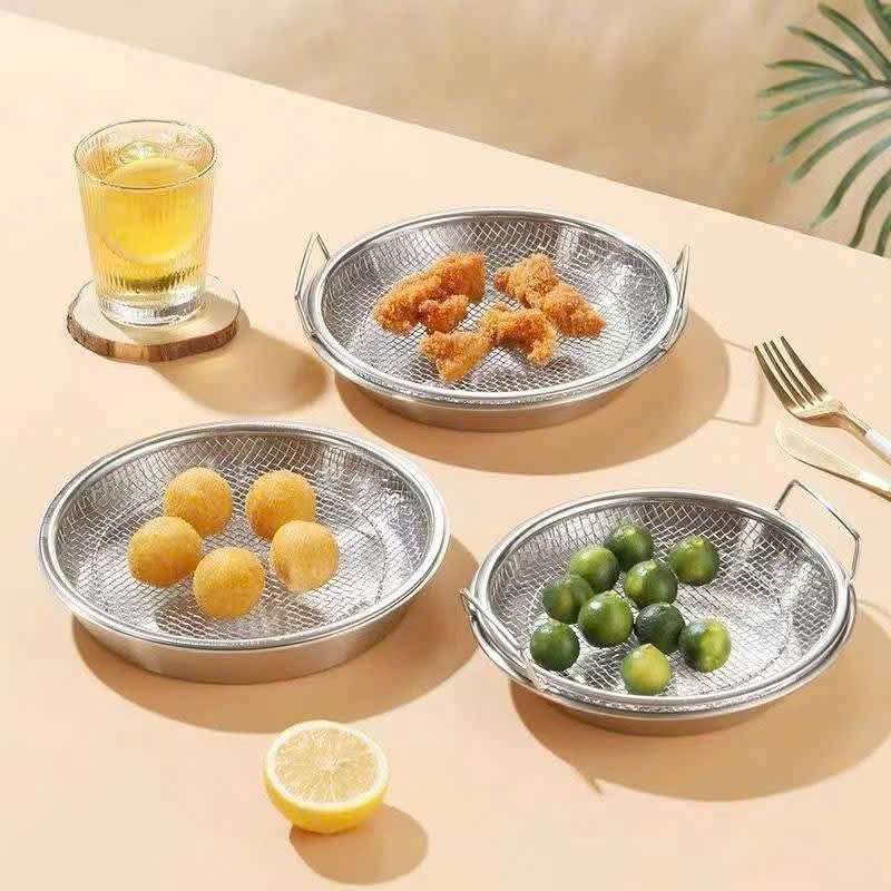 KHAY INOX KÈM VỈ LƯỚI size 22cm loại có tay cầm