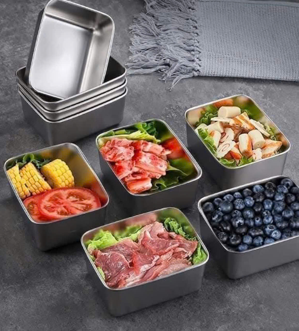 SET 5 Hộp Inox Vuông Size Nhỏ Đựng Thực Phẩm Có Nắp Đậy