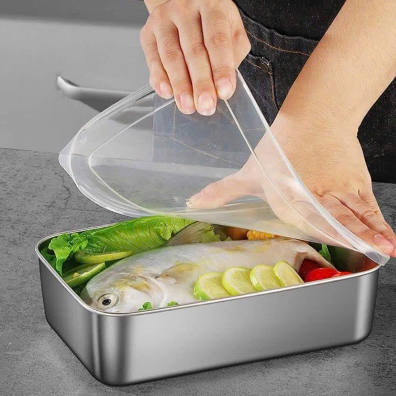 HỘP ĐỰNG THỨC ĂN BẰNG INOX 304 CỠ LỚN CÓ LẮP ĐẬY