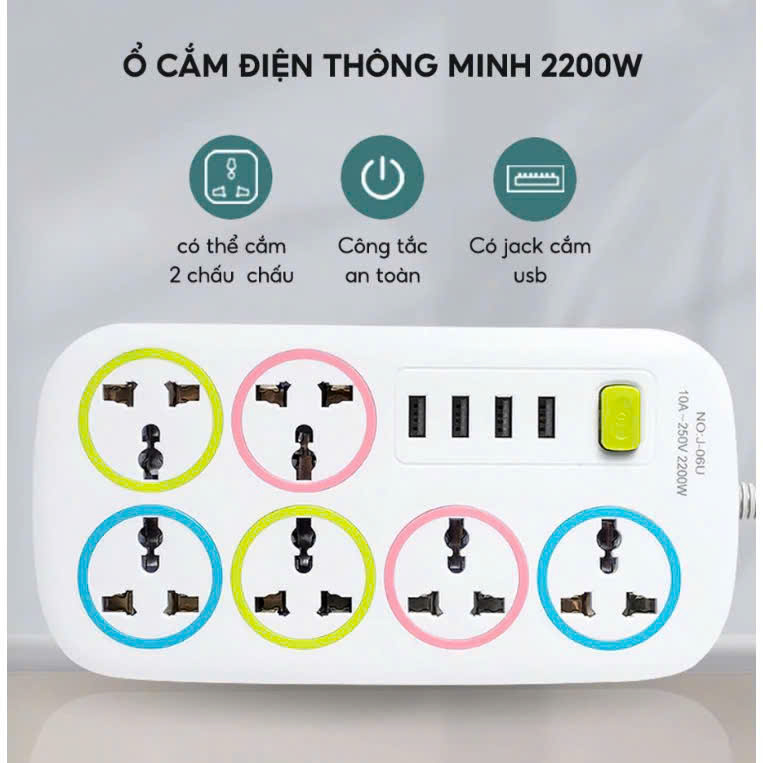 Ổ điện đa năng thông minh 6 lỗ 4 cổng USB tiện dụng