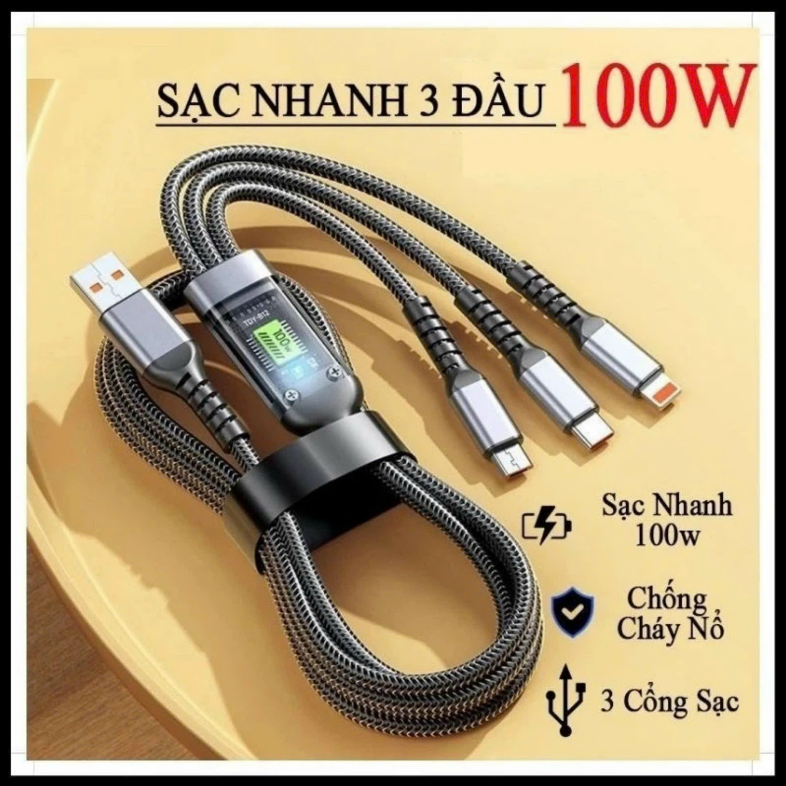 Cáp sạc nhanh 3 đầu 100w