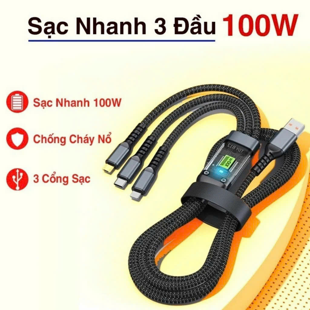 Cáp sạc nhanh 3 đầu 100w
