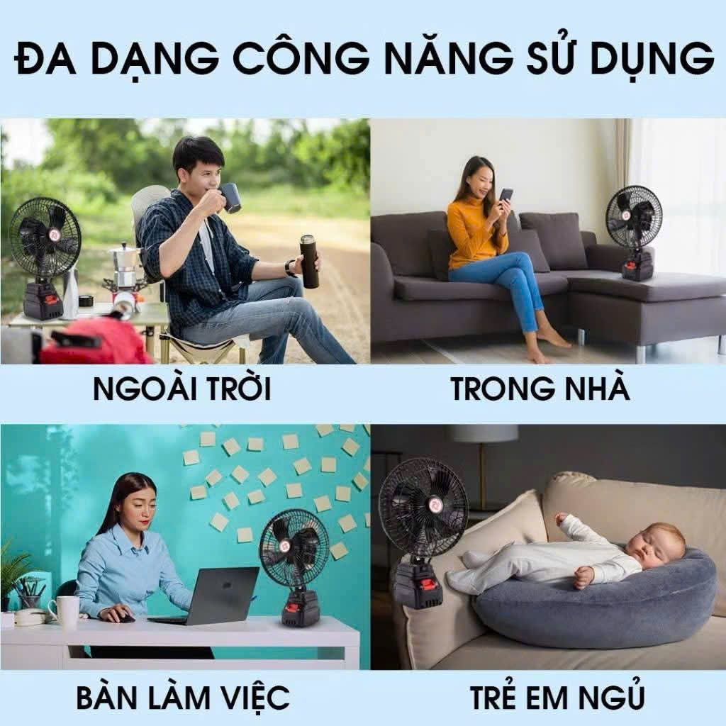 Quạt tích điện Chân Pin Phổ Thông,Quạt Pin 8 inch Sử Dụng Pin 10cell
