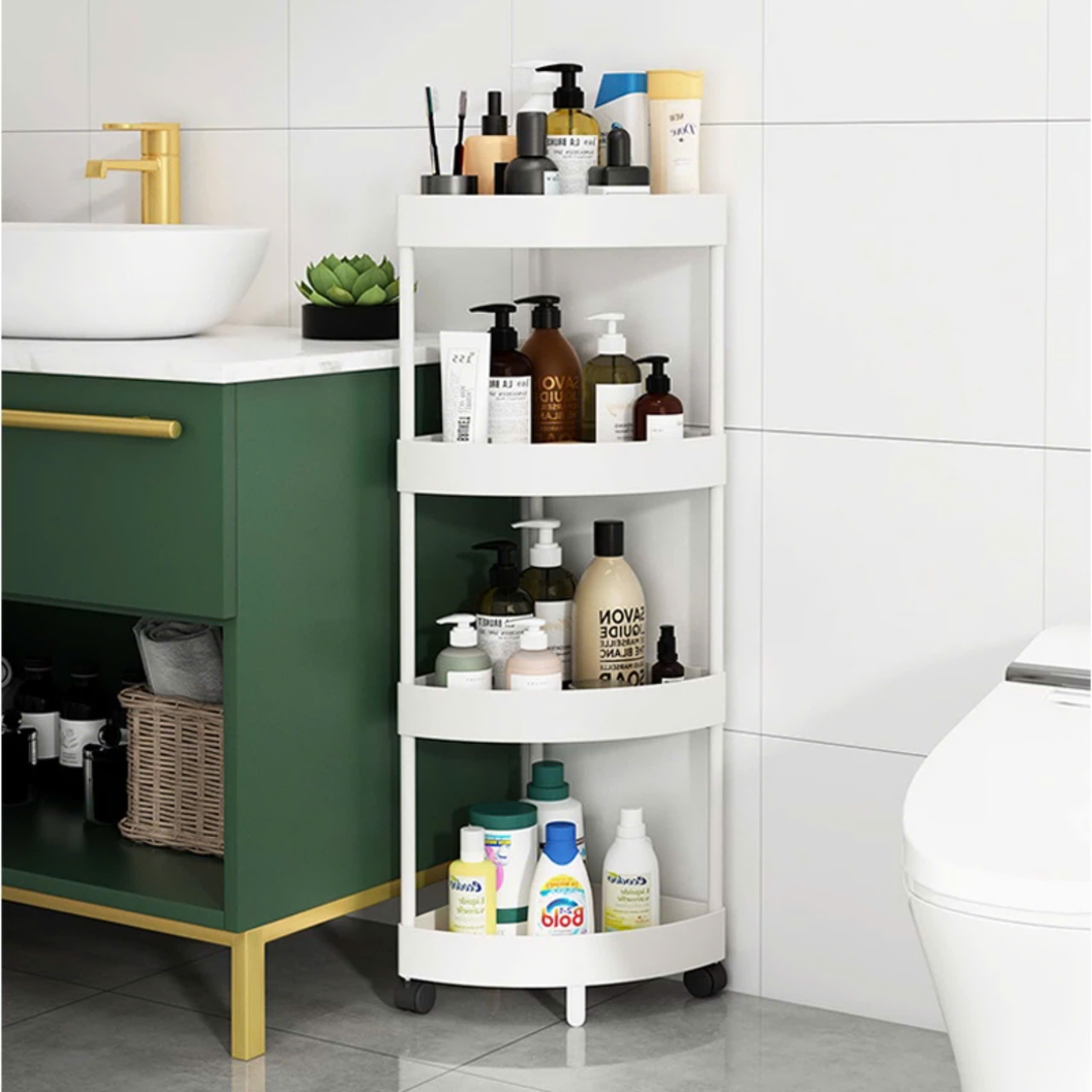 KỆ GÓC TAM GIÁC 4 TẦNG CÓ BÁNH XE