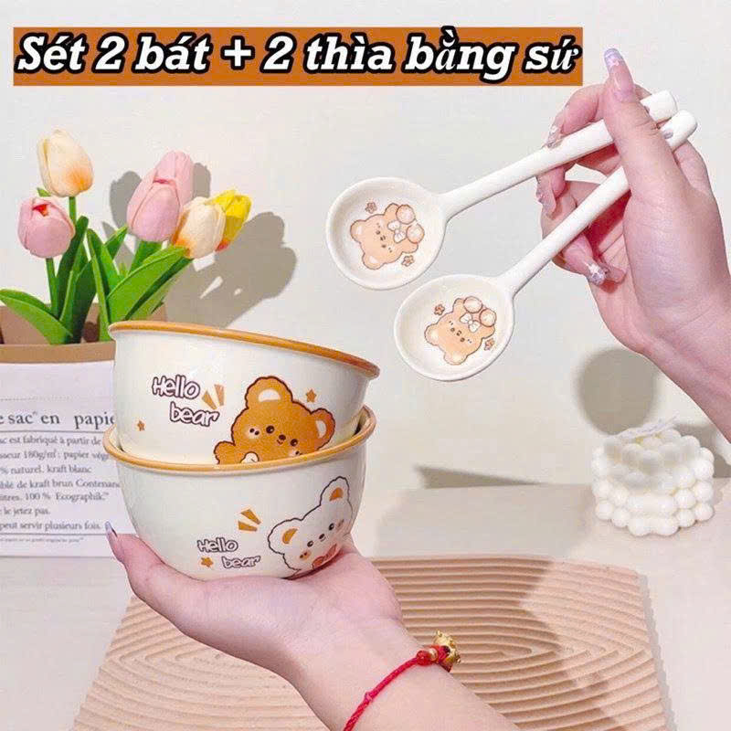 SET 2 BÁT HỌA TIẾT GẤU KÈM THÌA