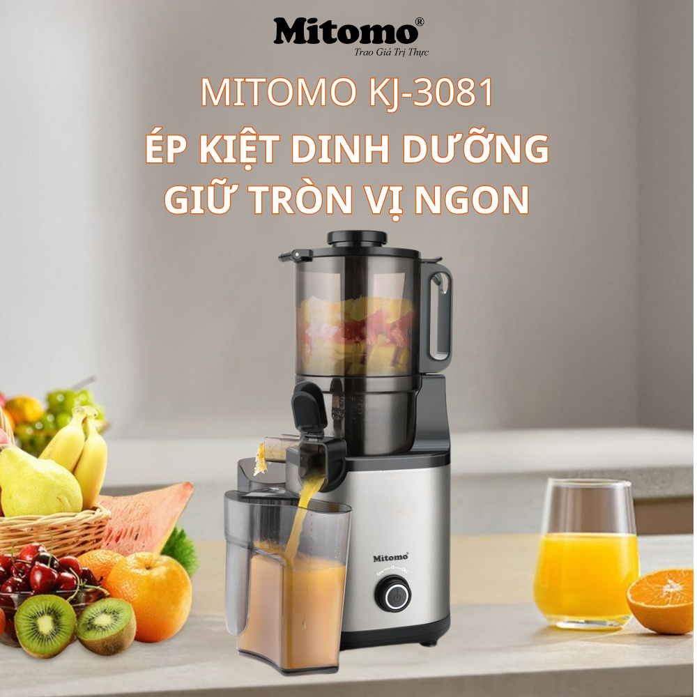 MÁY ÉP CHẬM CÔNG NGHIỆP MITOMO KJ-3081 VỚI CỐC TIẾP NGUYÊN LIỆU TÍCH HỢP LƯỠI CẮT THÔNG MINH – ÉP NHANH, KIỆT BÃ ĐẾN 98%