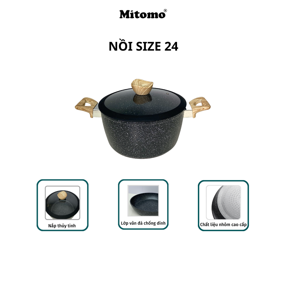 Bộ nồi chảo vân đá 6 món chống dính cao cấp Mitomo Queen Time Màu Đen