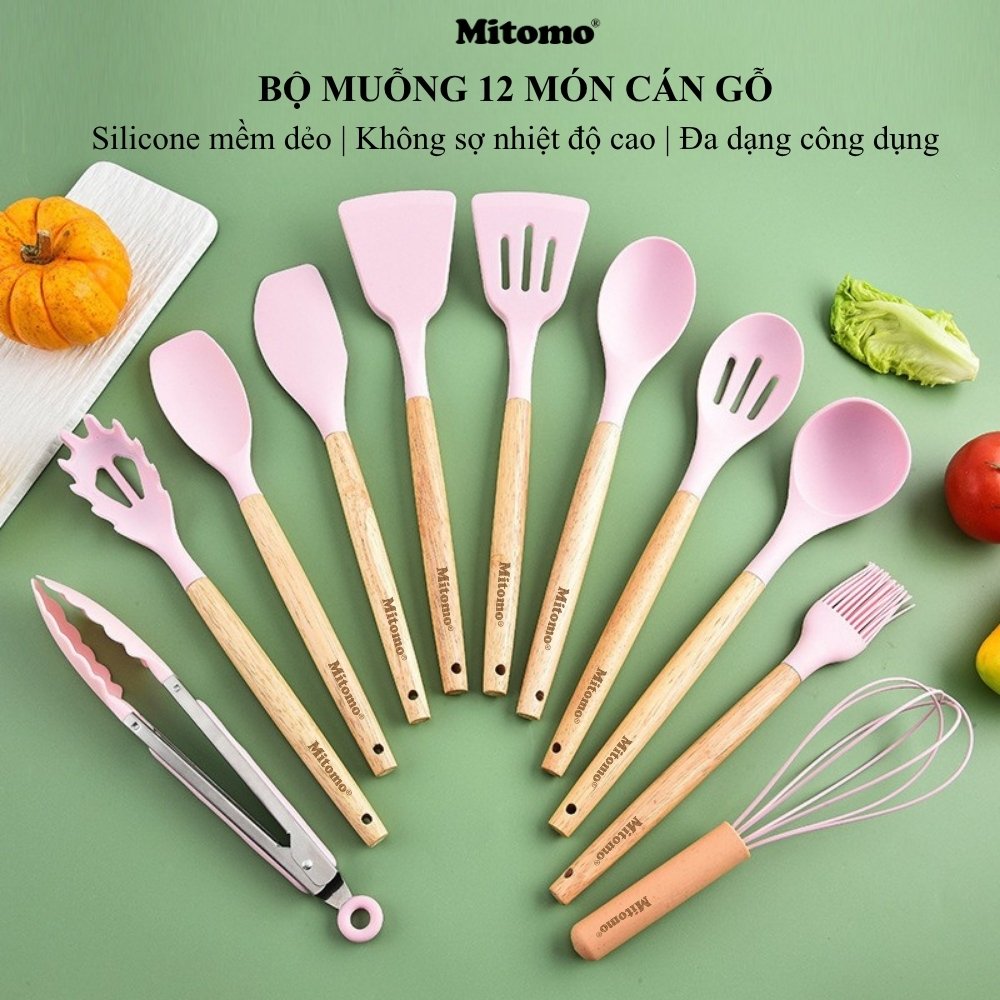 Bộ Dụng Cụ Nấu Ăn Silicone Cán Gỗ Tự Nhiên 12 Món Mitomo - An Toàn, Chịu Nhiệt Cao