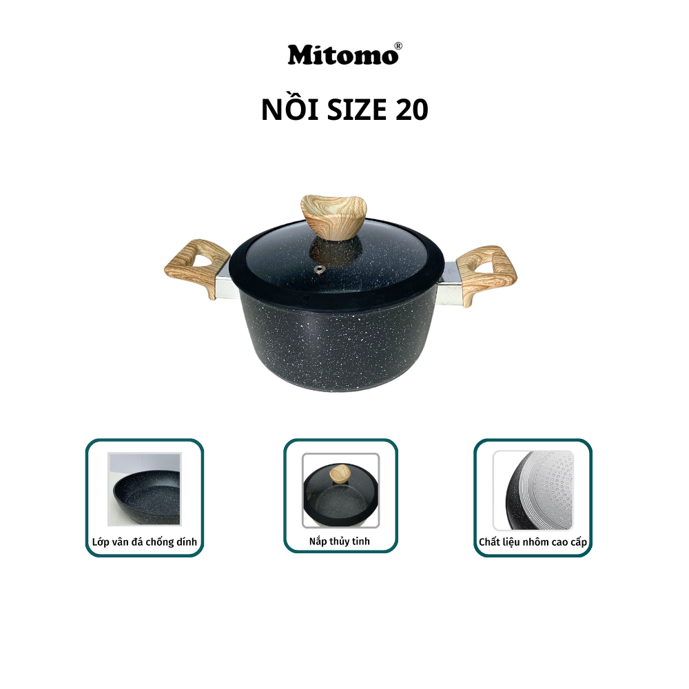 Bộ nồi chảo vân đá 6 món chống dính cao cấp Mitomo Queen Time Màu Đen