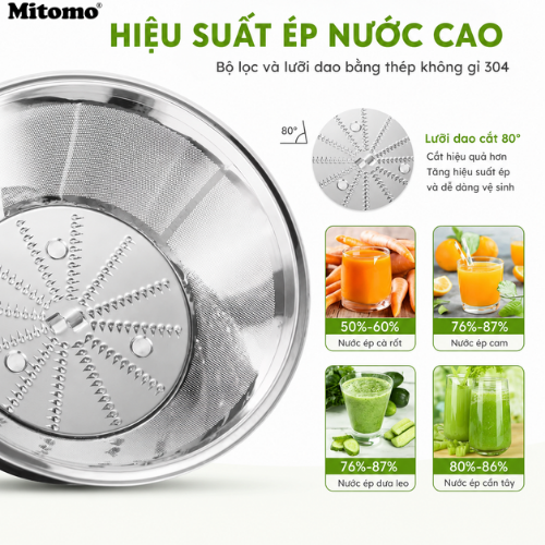 MÁY ÉP HOA QUẢ MITOMO KJ-3090, Công suất 700W ép nhanh, Lưỡi dao inox sắc bén, 2 chế độ ép linh hoạt