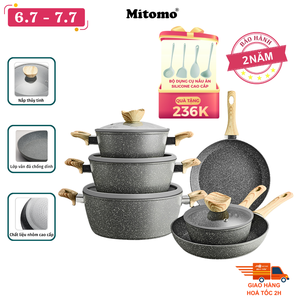 Bộ nồi chảo chống dính vân đá 6 món cao cấp Mitomo Queen Time