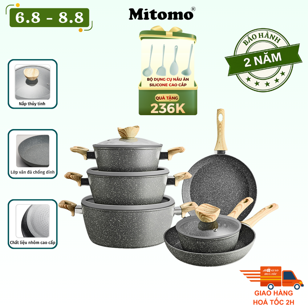 Bộ nồi chảo chống dính vân đá 6 món cao cấp Mitomo Queen Time