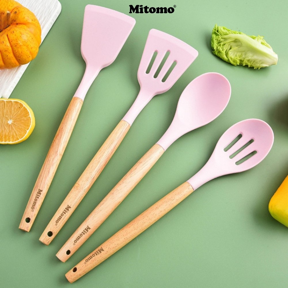 Bộ Dụng Cụ Nấu Ăn Silicone Cán Gỗ Tự Nhiên 12 Món Mitomo - An Toàn, Chịu Nhiệt Cao
